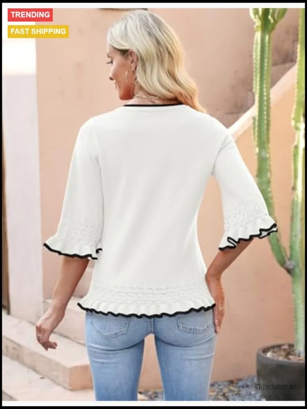 Polypropylene Blend V-Neck Peplum Pullover Sweater 3/4 Sleeve
